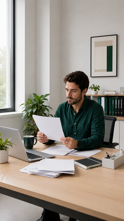 Finance professional reviewing records at a modern workspace